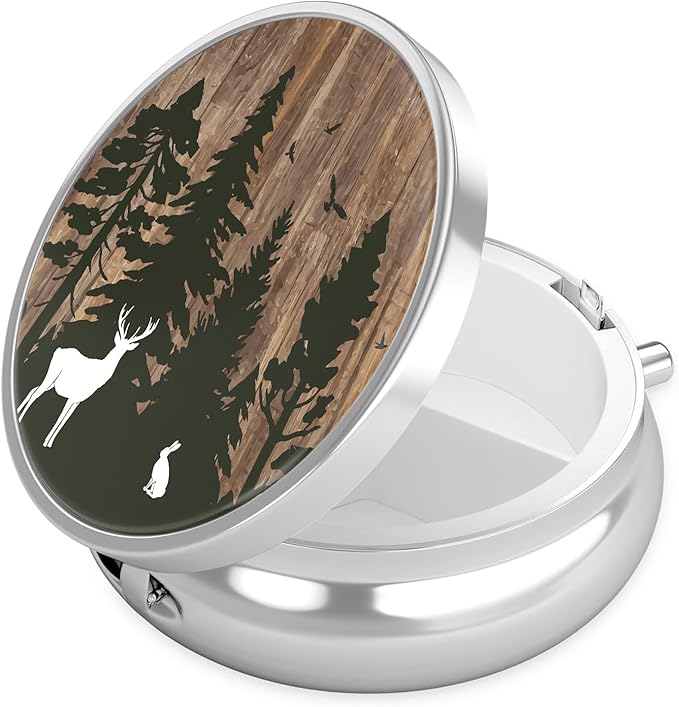 Deer Forest Pill Case, Wooden Grain Pill Box 3 Compartments Metal Small Pill Holder with Mirror Mini Travel Pill Container for Purse Pocket Women Men