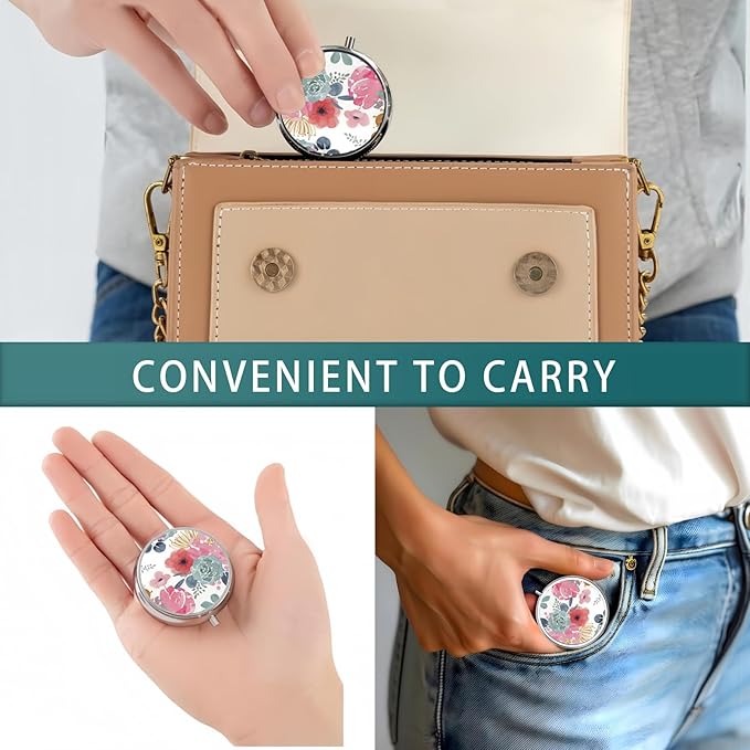 Pill Box 3 Compartment Pocket Cute Small Pill Organizer Mini Metal Pill Holder Travel Portable for Man Woman - Pink Flower