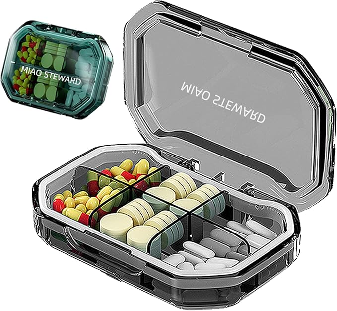 Portable Pill Organizer Waterproof Airtight BPA-Free Compact Easy-to-Carry Travel Daily Use On-The-Go Vitamins Supplements Medication Herb Pill Box Gray Size 3.62×2.44×0.98 in