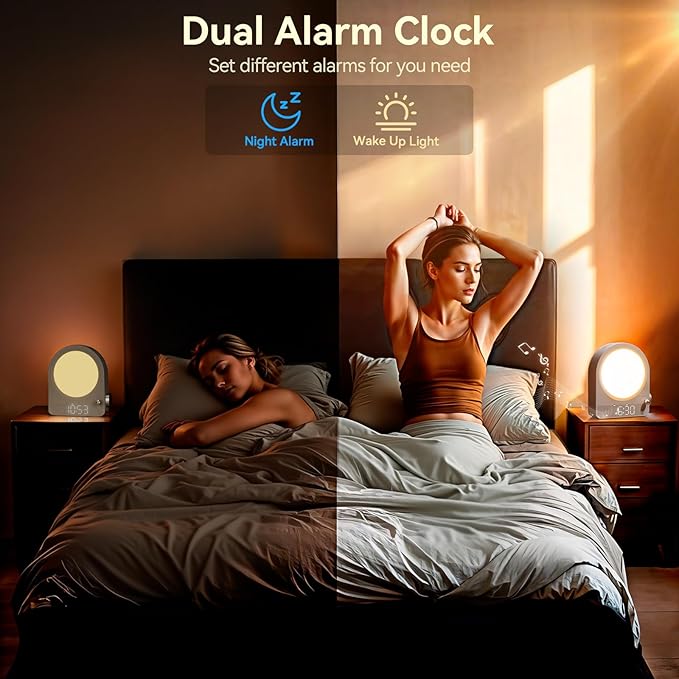 Vivilumens Sound Machine Alarm Clock, Gentle Sunrise Wake Up Light Alarm Clock for Heavy Sleepers Adults, Dimmable Night Light & RGB Meteors Lights Mode, 10 Natural Sounds, Great Gifts for Her