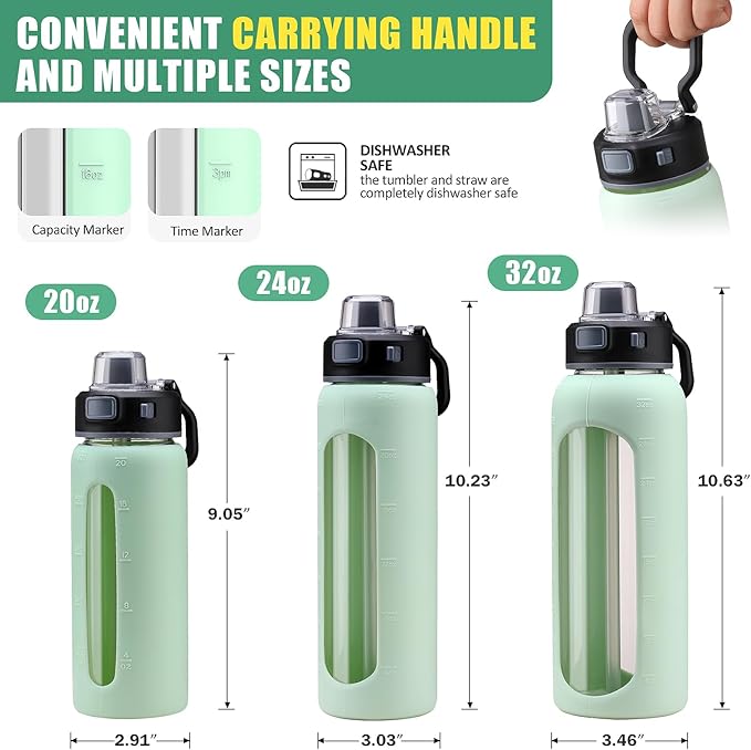 Kodrine Glass Water Bottle 32 oz-Light Green/Borosilicate Glass Motivational Water Bottle with Straw and 2 Lids,Silicone Sleeve,Time Marker,Dishwasher Safe and BPA Free for Travel,Sports