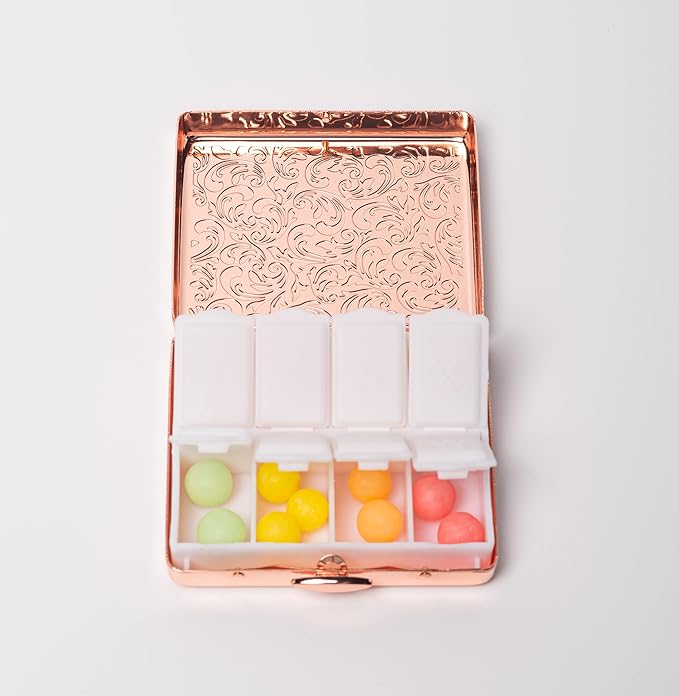 Fashion Elegant Medicine Portable Double Protection Switch Metal Travel Pill Box (7 Days) /8 Compartment (Pink)