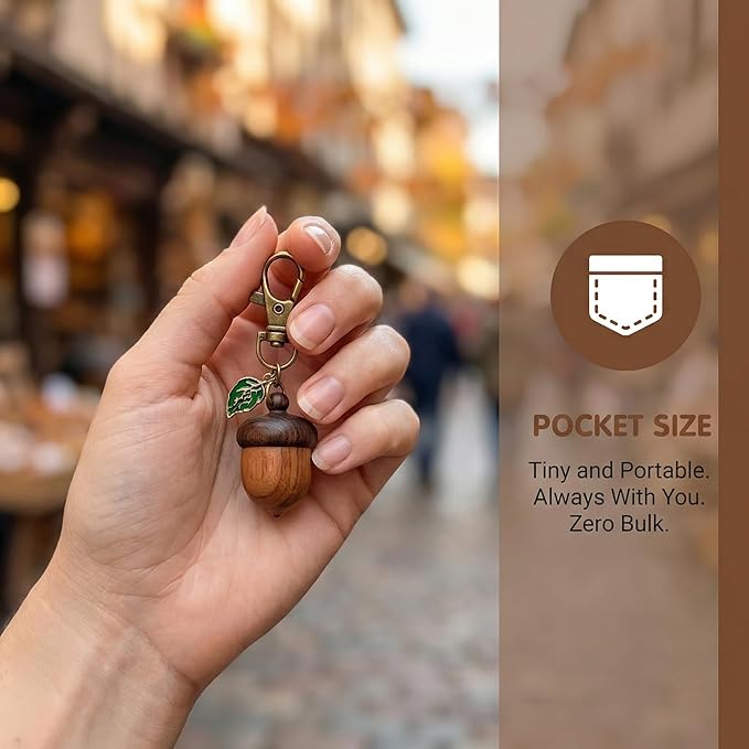 NIIIYTYB Cute Acorn Keychain Container Mini Pill Holder Charm for Bag Small Portable Brown Key Chain Charm Funny Leaf Decor Keychain for Purse and Accessories Small Bag Charms