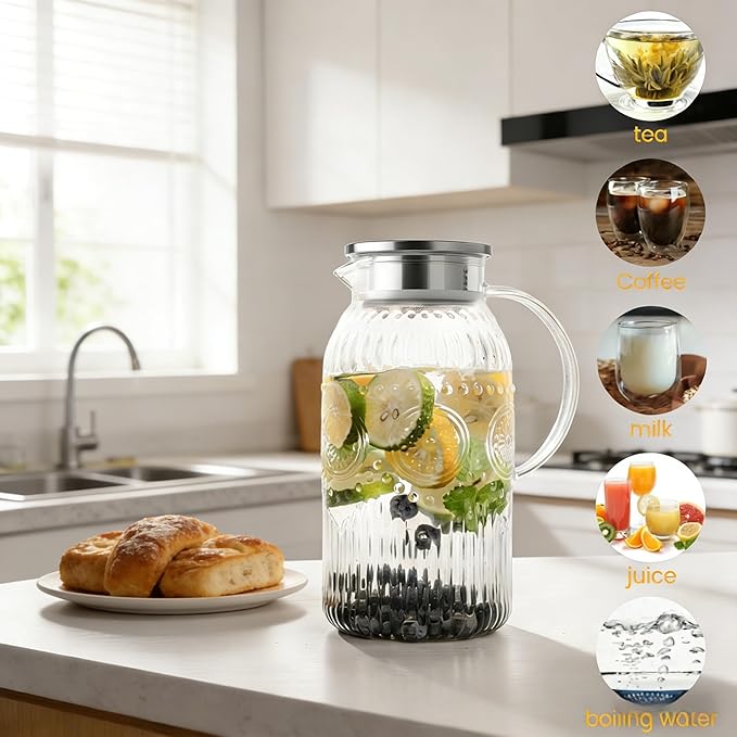 Bandesun Vintage Glass Pitcher with Lid, 101oz/ 3 Liter Water Pitcher with Handle for Fridge Heat Resistant Borosilicate Water Jug, Carafe for Hot/Cold Coffee, Tea,Beverage 1Pack