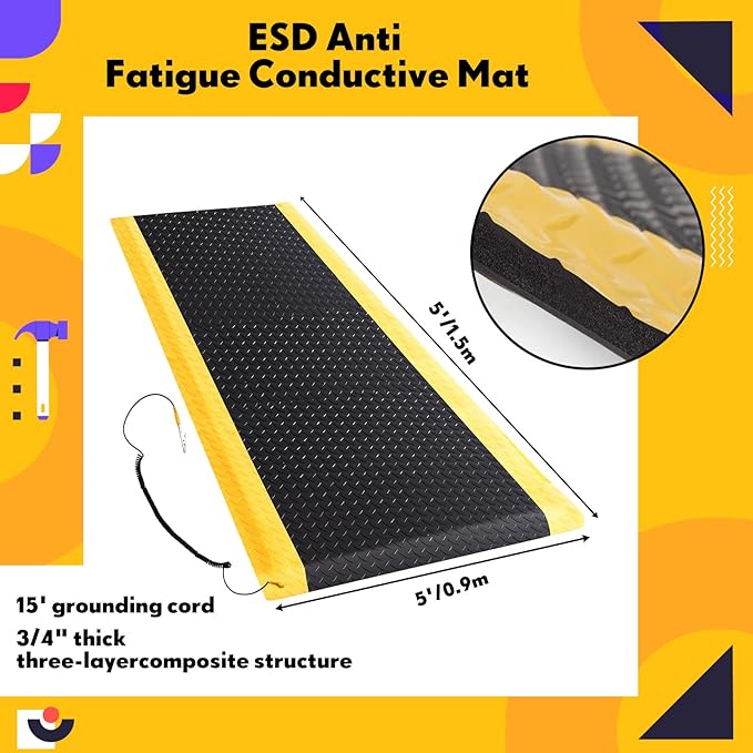1 Pcs 3'x5' Anti Fatigue Mat Industrial, ESD Conductive Pad with Ground Wire, Heavy Duty Ergonomic Standing Floor Mat for Commercial Work, Shop Stand, Thick 3/4" Black with Yellow Border