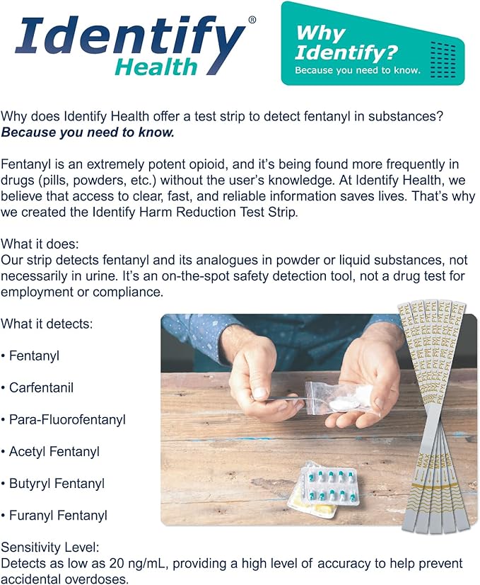 Identify Health Fentanyl Drug Test Strips | 5 Pack | Harm Reduction Fentanyl Detection Kit for Powder and Liquid | Overdose Prevention Tool Rapid and Accurate Testing Results in 5 Minutes