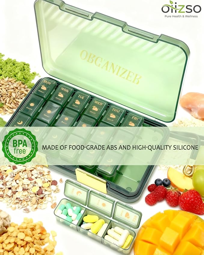 Weekly Medicine Pill Organizer 3X a Day, 7 Day 3 Times a Day Travel Pill Case for Purse, Cute Pill Box for Vitamins, Fish Oils, Supplements (Green)