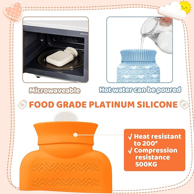 Amylove 3 Pcs Mini Hot Water Bottle for Hot & Cold Compress with Cover 320ml Silicone Microwave Heating Bottles Small Water Bag for Travel Holiday Gift(White, Blue, Orange,Heart Print)