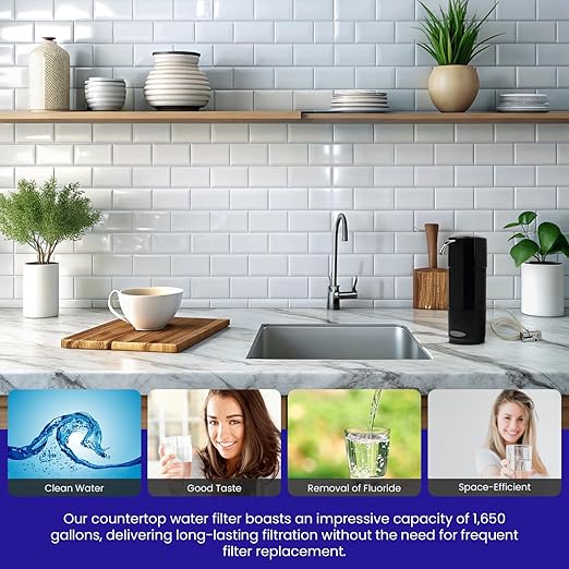 Fluoride Removal | Classic Countertop Water Filter System | Black | Crystal Quest