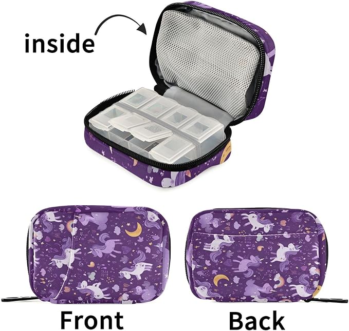 Dark Purple Unicorn Rainbow Travel Pill Organizer Case Box Container Weekly Portable Vitamin Medicine Holder Storage Bag with Zipper Removable
