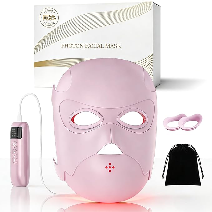 Red Light Therapy for Face, Rechargeable LED Face Mask Light Therapy, Portable Silicone Facial Mask with 4 Light Modes, Adjustable Brightness & Timer
