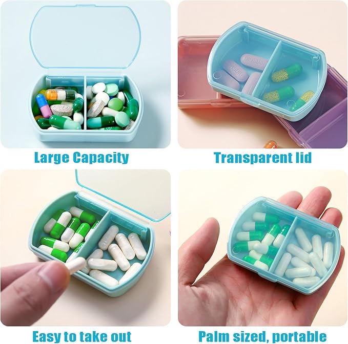 2PCS Small Pill Case Travel Pill Box Cute Pill Organizer for Purse Portable Daily Medicine Organizer 2 Compartment Pill Holder for Vitamins, Fish Oil, Supplements