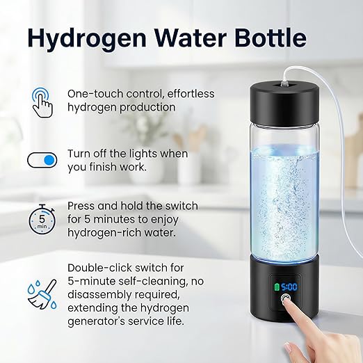 Hydrogen Water Bottle Generator with Display - 5-Min 3000PPB+ Nano Bubble H2 Infusion - pH7.8 Alkaline Water, 460ml Leak-Proof Design with Type-C Charging, Suitable for Fitness, Outdoor and Office Use