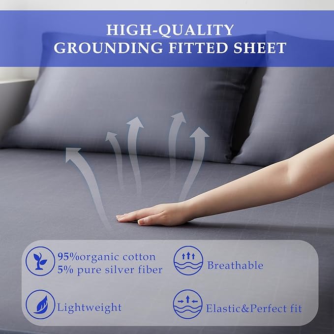 Grounding Sheet Twin XL Grounding Fitted Sheet, Cotton + Silver Fiber, Grounded Sheet Earth Connected Bed Sheet (39"x80"x14",Grey)