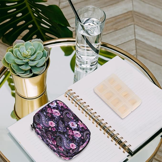 Purple Psychedelic Paisley Travel Pill Organizer Box Weekly Portable Pill Case Daily Pills 7 Day Small Birth Control Pills Container Removable Compartments for Medicine Vitamins Fish Oil