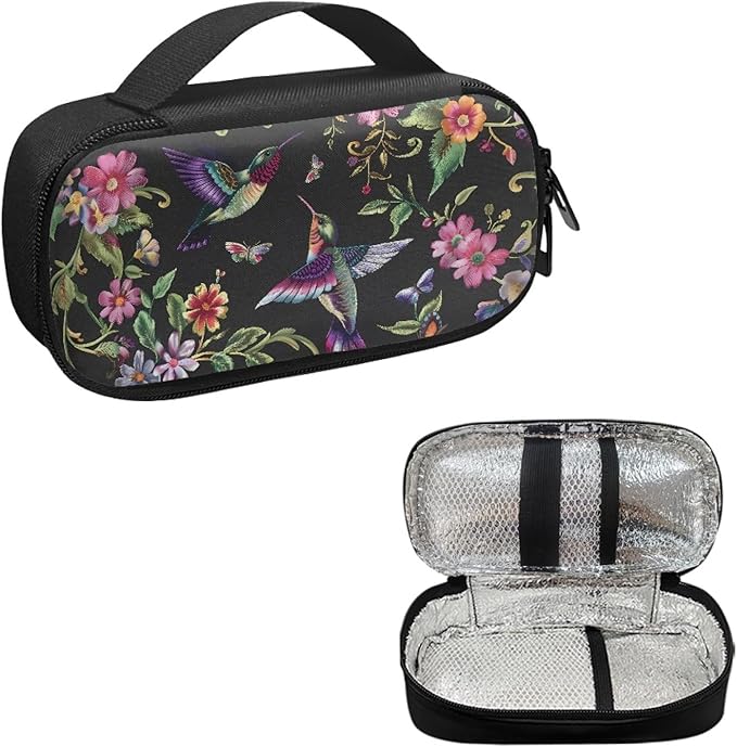 Diabetic Supplies Carrying Case Bag for Diabetes Testing Kit, Blood Glucose Monitor Kit with Meter, Blood Sugar Test Strips, Lancets, Lancing Device, Alcohol Wipe, Retro Hummingbirds
