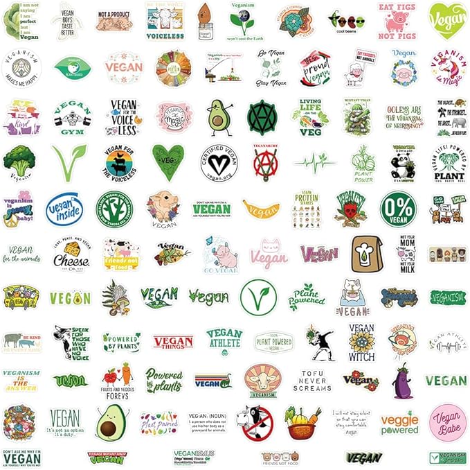 106Pcs Vegan Stickers, Waterproof Vinyl, Vegan Lifestyle and Food Stickers(Vegetarian), Suitable for Water Bottles, laptops, Mobile Phones, Diaries, Skateboards, scrapbooks, Bumper Stickers
