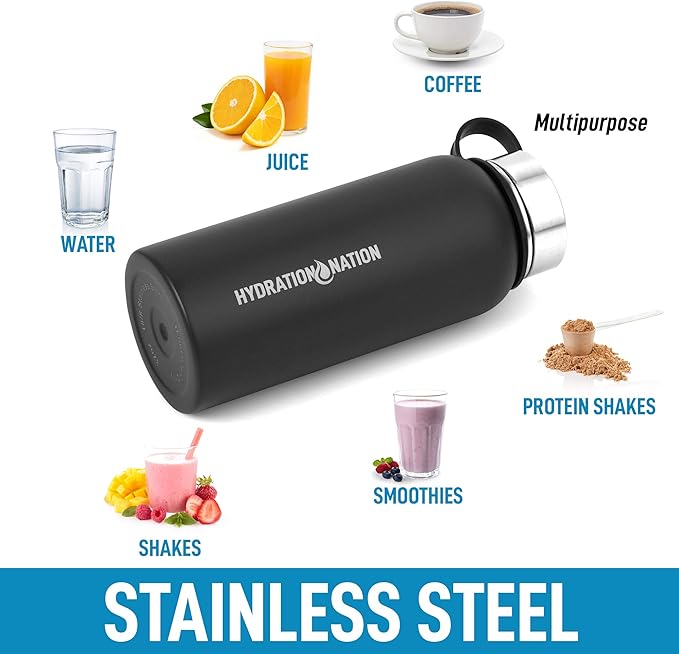 Hydration Nation 3 Lid Multi-Size Vacuum Insulated Water Bottles with Straw - Metal Water Bottle For Sports & Outdoor - Thermo Stainless Steel Water Bottle - Perfect for Hot & Cold Drinks (Black)