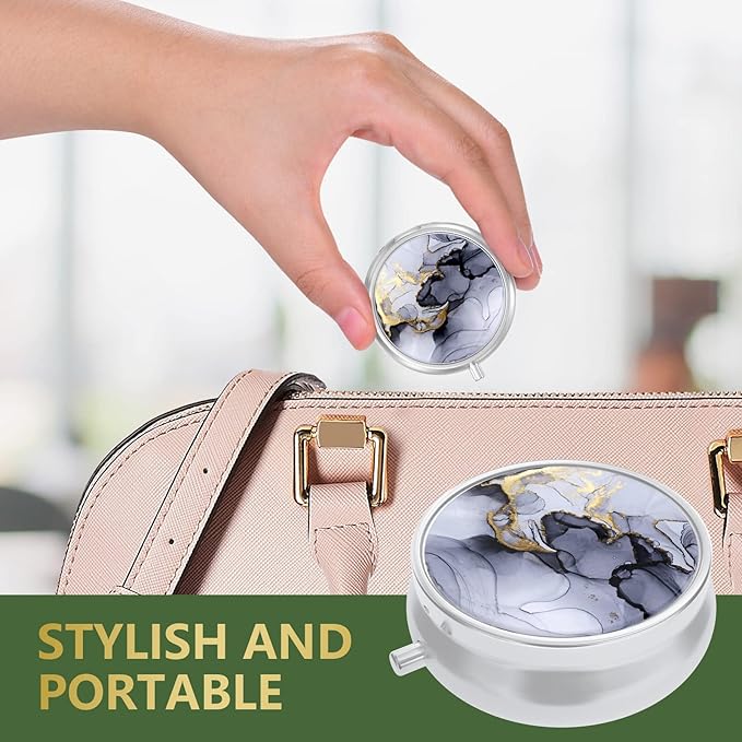Nipichsha Pill Box, Small Pill Case for Purse & Pocket, Cute Travel Medicine Organizer, Portable Medicine Container Holder to Hold Vitamins, Medication, Fish Oil & Supplement, Gray Marble