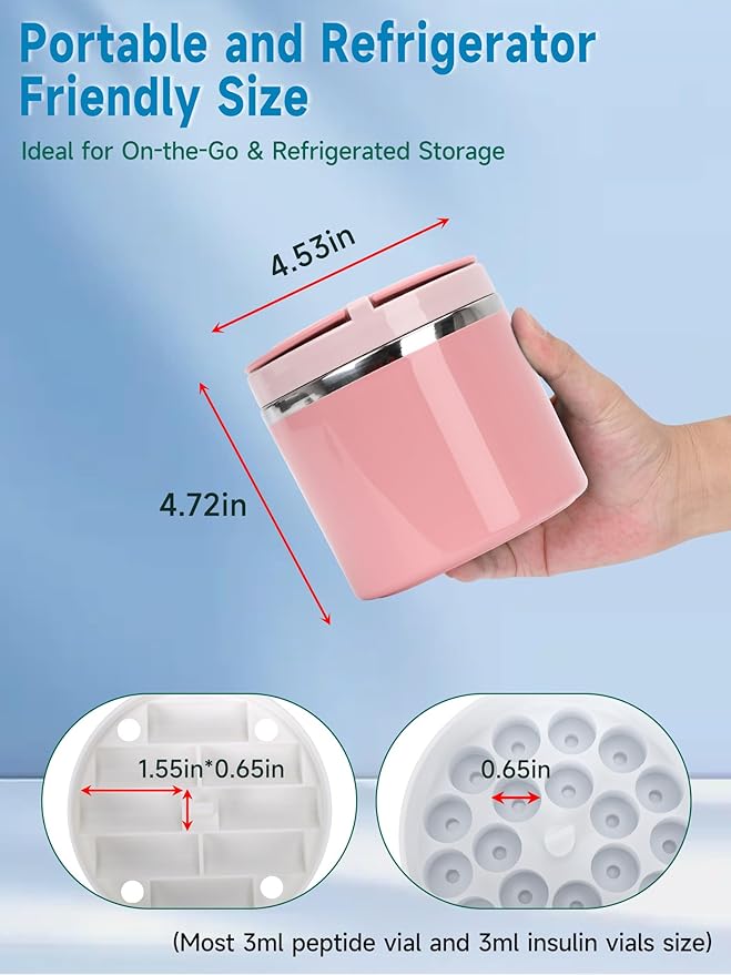 3ml Peptide Case for Fridge Vial Inserts with 22oz Food Jar, Peptide Fridge Case/Peptide Travel Case TSA Approved, Holds 28 Vials, Peptide Storage - Fridge/Travel Safe (Pink Jar and White Insert)