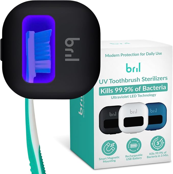 Bril UV-C Toothbrush Sanitizer and Holder, Portable Cleaner, Travel Cover, Magnetic Holder, and Rechargeable Case for Any Size Toothbrush, Black