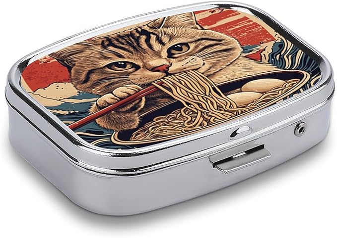 Metal 2 Compartment Pill Organizer Travel Friendly Portable Compact Pill Box Cute Pill Case,for Pocket Wallets Daily Portable Medicine Vitamin Tablet Storage (A cat Eating Noodles)