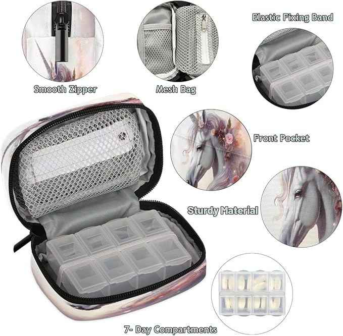 Animal Unicorn Pink Flowers Travel Pill Organizer Box Weekly Portable Pill Case Daily Pills 7 Day Small Birth Control Pills Container Removable Compartments for Medicine Vitamins Fish Oil