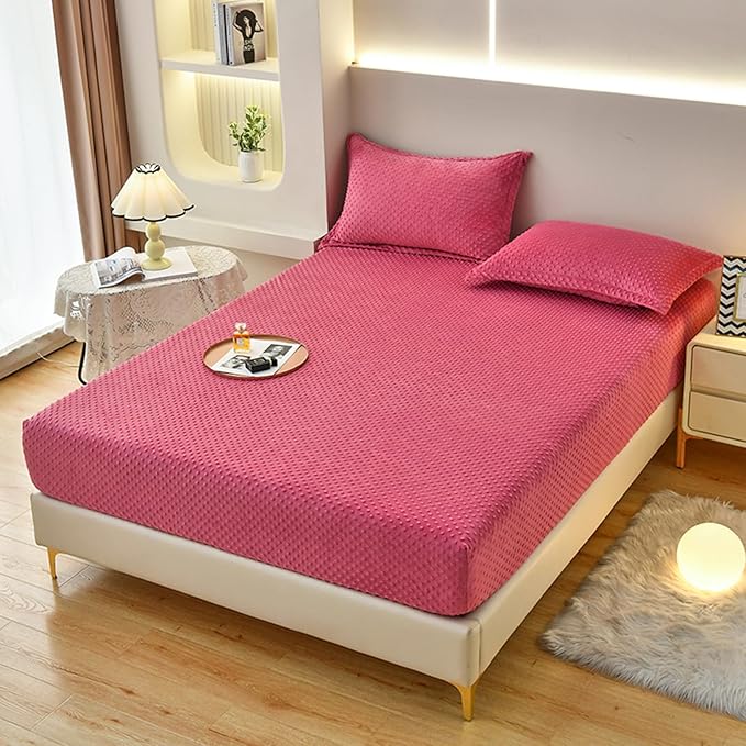 ZIQINPSQ Coral Velvet Fitted Sheet-Thickened Cold-Resistant and Warm Bed Sheets-Soft Velvet Fleece Fitted Sheets with-Elastic All Around. (PaleVioletRed, California King)