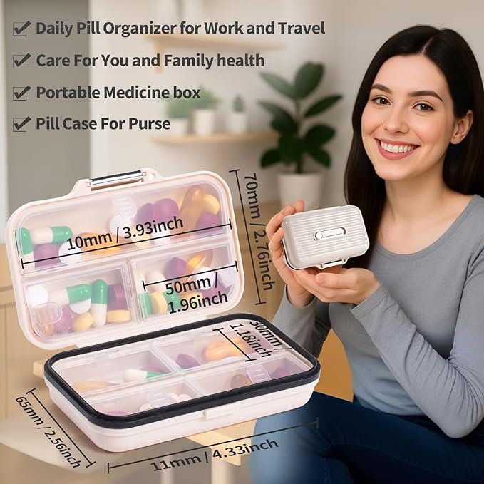 Daviky Travel Pill Organizer,Large 7-Compartment Pill Box for Vitamins & Medications, Compact Medicine Case for Pocket or Purse(White)