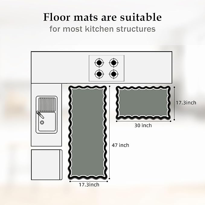Scalloped Black Gray Kitchen Mats Rugs Sets of 2 Cushioned Anti Fatigue Floor Mat Waterproof Kitchen Rugs Non Slip Foam Comfort Standing Mat for Sink Laundry