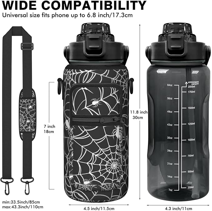 Halloween Half Gallon Water Bottle with Sleeve - Flip Top Bpa Free 64 OZ - Motivational Time Marker Leakproof Water Jug - Gothic Witchy Gifts for Women - Spider Web for Gifts