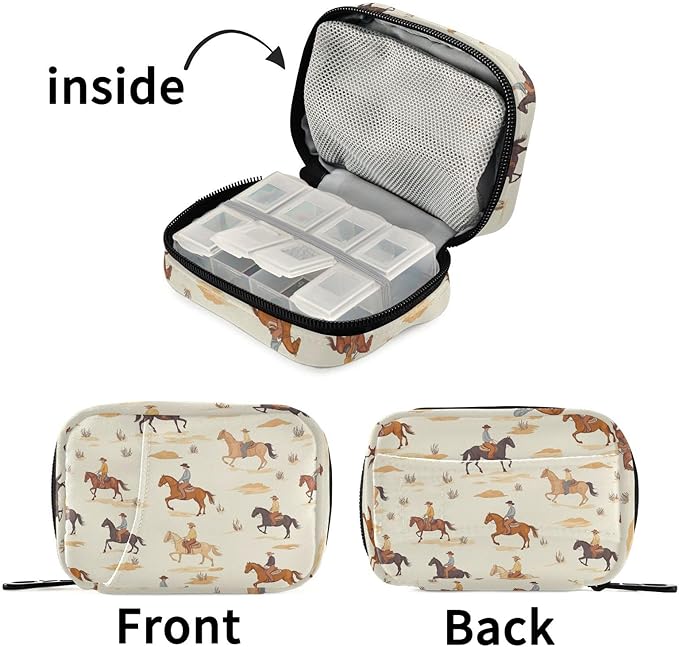 Fustylead Cartoon Cowboy Riding Horse and Cactus Pill Organizer for Purse, Weekly Portable Pill Box with Zipper to Storage Vitamins Fish Oils Medications Supplements