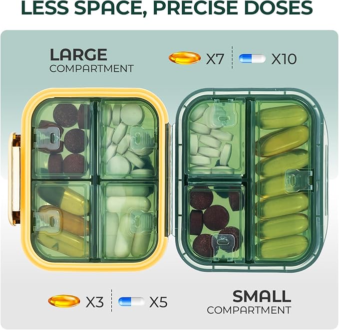 Odaro Travel Pill Oraganizer, Small Medicine Pill Organizer for Purse, Portable Daily Pill Box, Compact Moistureproof 7 Compartments Pill Case for Vitamin and Supplements - Green