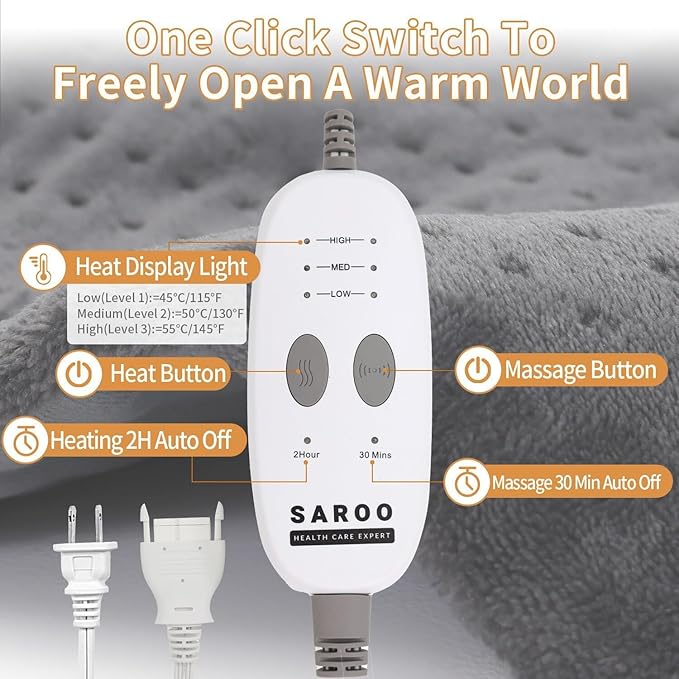 SAROO Heating Pad for Back Pain Relief,Massaging Weighted Heating Pads for Neck, Shoulder,Cramp,Portable Heated Pad with 3 Heat Settings & 6 Massage,18 Relaxing Combinations,Auto Off,20"*24",Wine Red