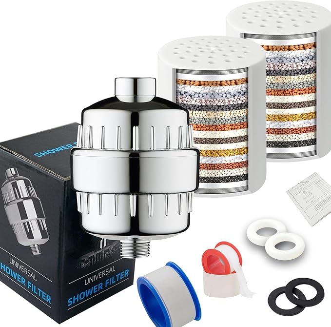 UVB 20-Stage High Pressure Shower Head Filter For Hard Water – To Reduce Chlorine, Fluoride & Heavy Metals – Universal Filtered Shower Head For Softer Skin & Stronger Hair (Filter with 2 Cartridges)