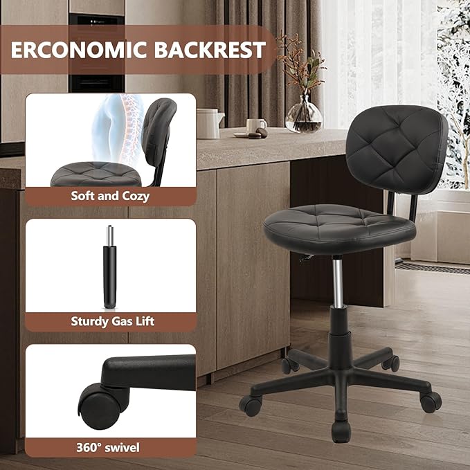 Leather Rolling Stools with Back Support and Wheels Adjustable Height Leather Swivel Salon Stool Chair for Office Massage Facial Medical Drafting Beauty Barber Lab Doctor Tattoo, Black