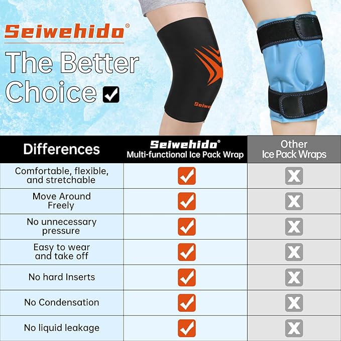 Extended Leg Knee Ice Pack Wrap for Injuries Compression, Reusable Soft Gift Gel Freeze Knees Brace for Swelling Replacement Surgery, Cold Therapy for Arthritis, Meniscus Tear (Knee-Black-2 Pack)