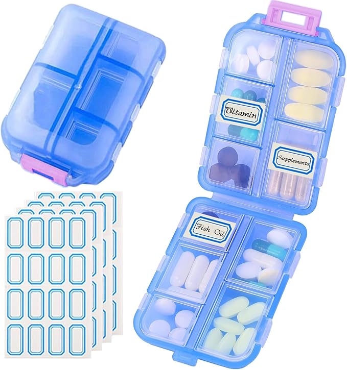 Travel Pill Organizer Portable Pocket Pill Case Small Pill Box for Purse Medicine Organizer Have 10 Compartments Storage Vitamin Fish Oil by INVODA (1PCS Blue+Lables)
