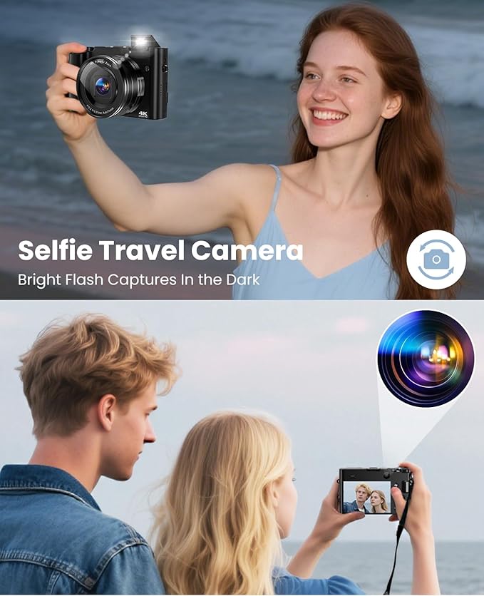 4K Digital Camera for Photography Autofocus, 64MP Dual-Lens Vlogging Camera for Video Anti-Shake, 3'' Selfie Flip Travel Cameras for YouTube, 16X Zoom Digital Camera with Flash Dial Battery Stand