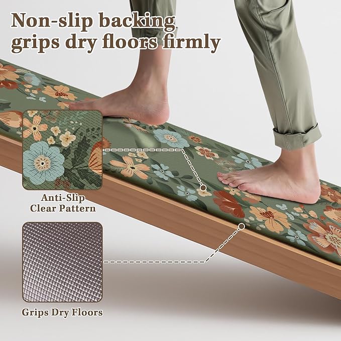 Arttown Kitchen Mats for Floor 2Pcs-Anti Fatigue Non Slip Mats for Kitchen Floor, Cushioned Waterproof & Stain-Resistant Green Plants Floral Mat Set, Laundry Room, Office, Sink, Desk (Dark Green)