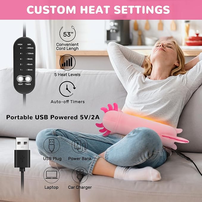 Axolotl Heating Pad for Period Cramps & Menstrual Pain Relief, Portable Electric Heat Pads USB Powered, Cute Stuff Stuffed Animals for Women Teen Girls, Funny Birthday Easter Christmas Axolotl Gifts