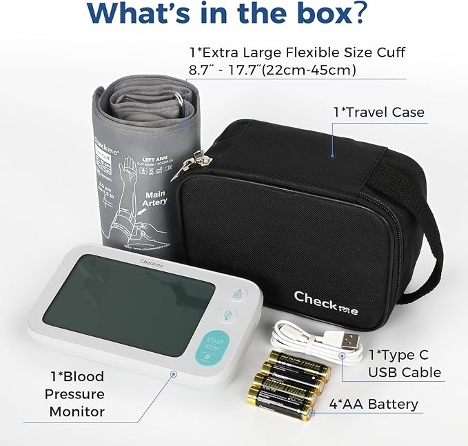 Checkme Blood Pressure Monitors for Home Use, Automatic Digital BP Machine with Bluetooth, Dual Display with 7 Days Trends, XL Size Cuff 8.7-17.7˝, 2 * 250 Storage, Dual Power Supply, Voice Broadcast