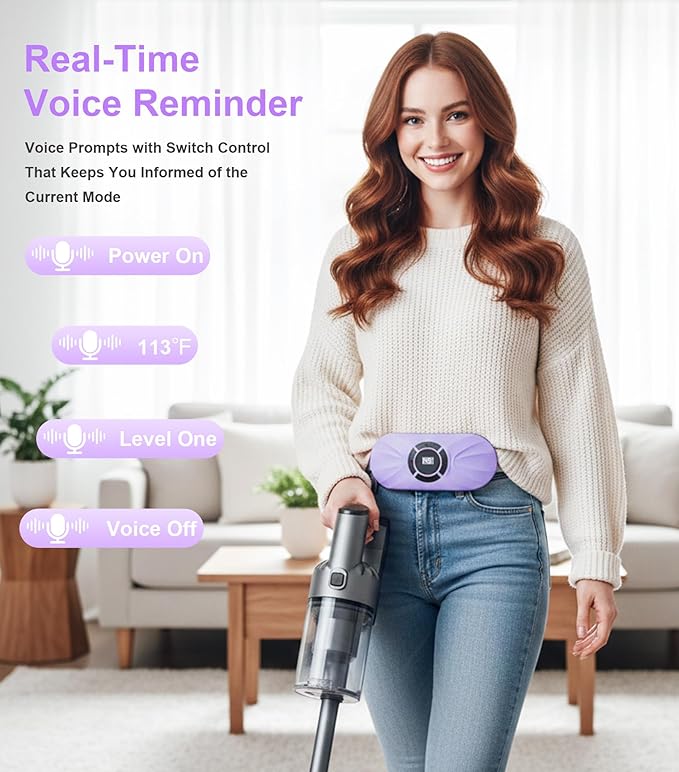 Portable Cordless Heating Pad for Period Cramps, Voice Reminder Menstrual Heating Pad with 6 Heat Levels and 6 Massage Modes, 3s Fast Heating, Gifts for Women Girls, Purple