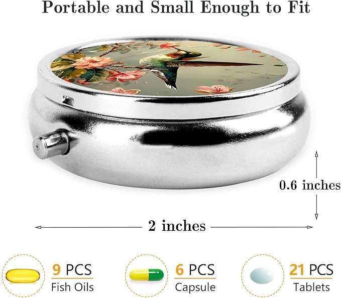Pill Box, Small Pill Organizer with 3 Compartments and Mirror, Cute Round Portable Travel Metal Pill Case for Pocket or Purse, Privacy-Protecting Medicine Box-Hummingbird Flowers