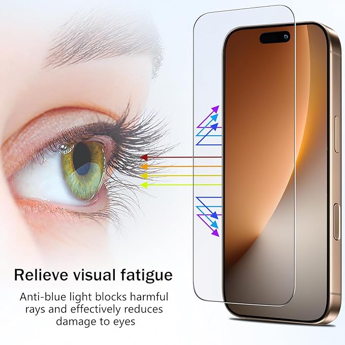 HPTech 2 Pack Anti Blue Light Screen Protector for iPhone 16 Pro Max 6.9 Inch Eye Protection Tempered Glass Film, Easy to Install, Bubble Free