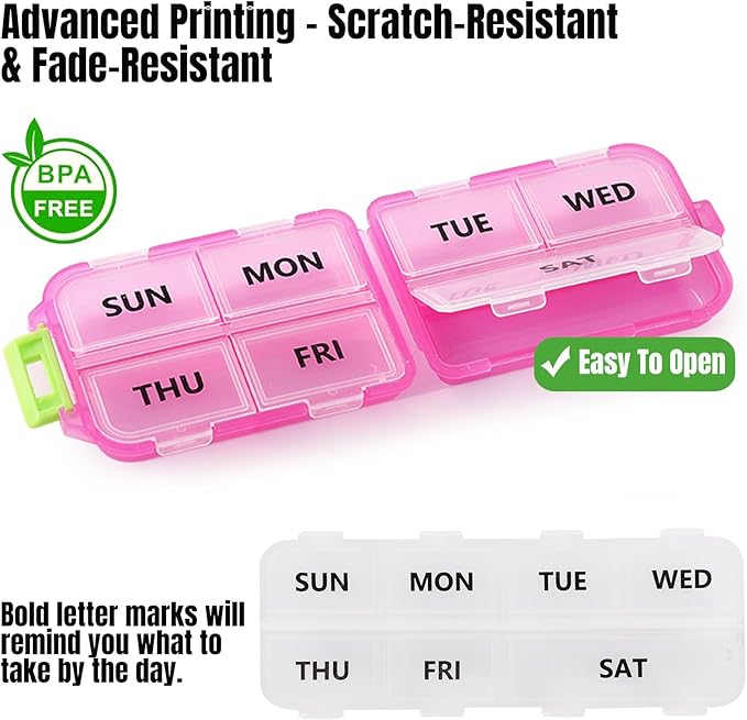 7 Day Compact Pill Organizer, Foldable Portable Travel Pill Box with Double Protection, Daily Small Pill Case Dispenser for Medication, Vitamins, Supplements (Clear Pink)