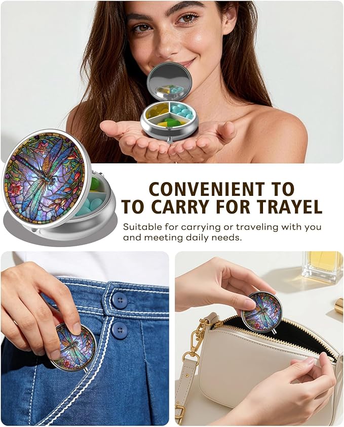 LRITER Pill Case, Portable Travel Pill Box, Pillbox Organizer, Cute Small Medicine Storage Container, Purse Accessories for Women, Men (Pill Case-Dragonfly A)