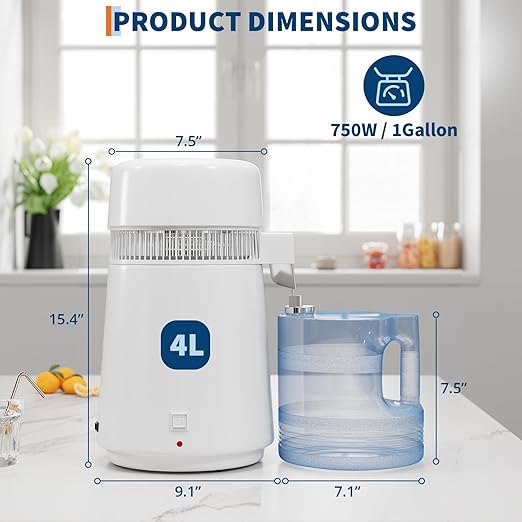 4L Water Distiller,Household Stainless Steel Distilled Water Purifier,Countertop Distilled Water Maker,4 Litre Distilled Water Machine for Home.White Plastic Jug.