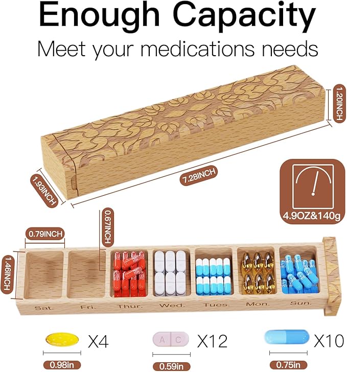 Wooden Pill Organizer, 7 Day Pill Box, Travel Pill Box, Wooden Pill Case Privacy Protection Perfect for Medication, Vitamins, Fish Oils, Supplements (Beech)