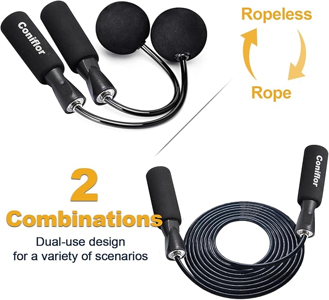 2 in 1 Jump Rope for Women Men and Kids - Tangle-Free Cordless Skipping Jump Rope with Ball Bearings and Foam Handles for Rapid Speed Fitness Workouts
